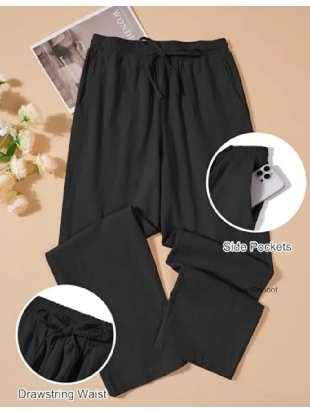 Men's Cotton Linen Drawstring Pants Lightweight Casual Summer Beach Trousers